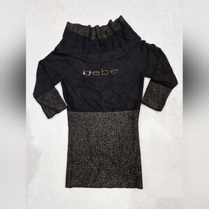 Bebe Gold Studded Logo Black/Gold Metalic Chenille Off Shoulder Sweater-Small